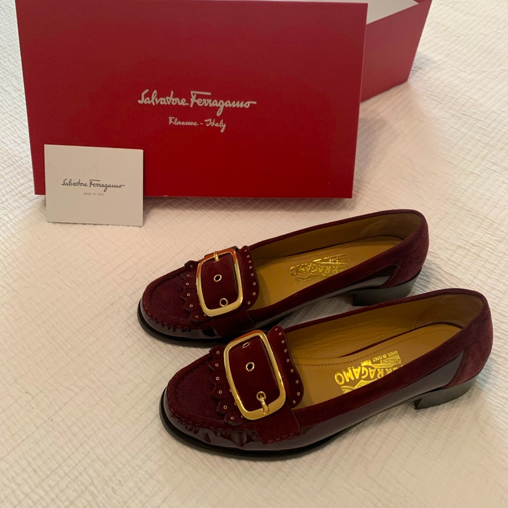 Ferragamo Lele loafers. Gorgeous “rouge noir” patent and suede